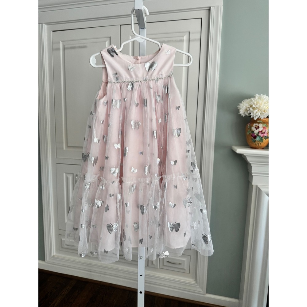 Mia & Mimi Girls Pink Tulle Butterfly Party‎ Dress Silver Foil Tiered 5T Easter